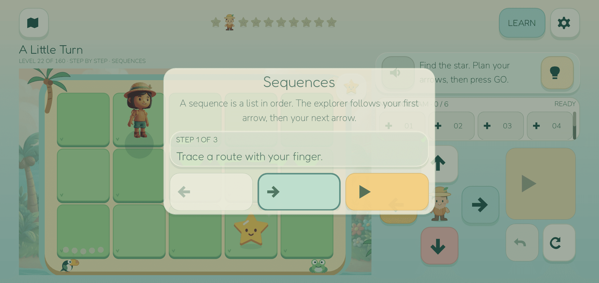 The actual Little Island game showing a gentle, step-by-step learning card